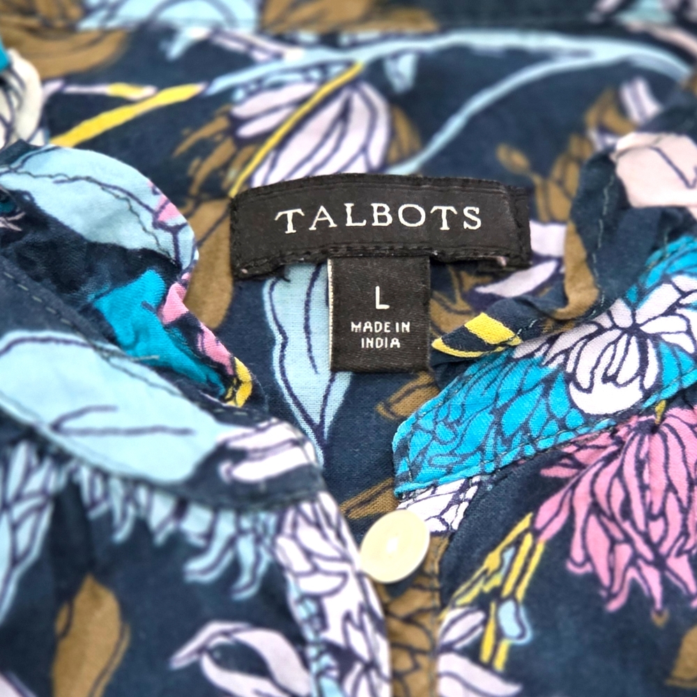 Talbots Navy Multicolor Floral Blouse EUC Size Large - Picture 2 of 7